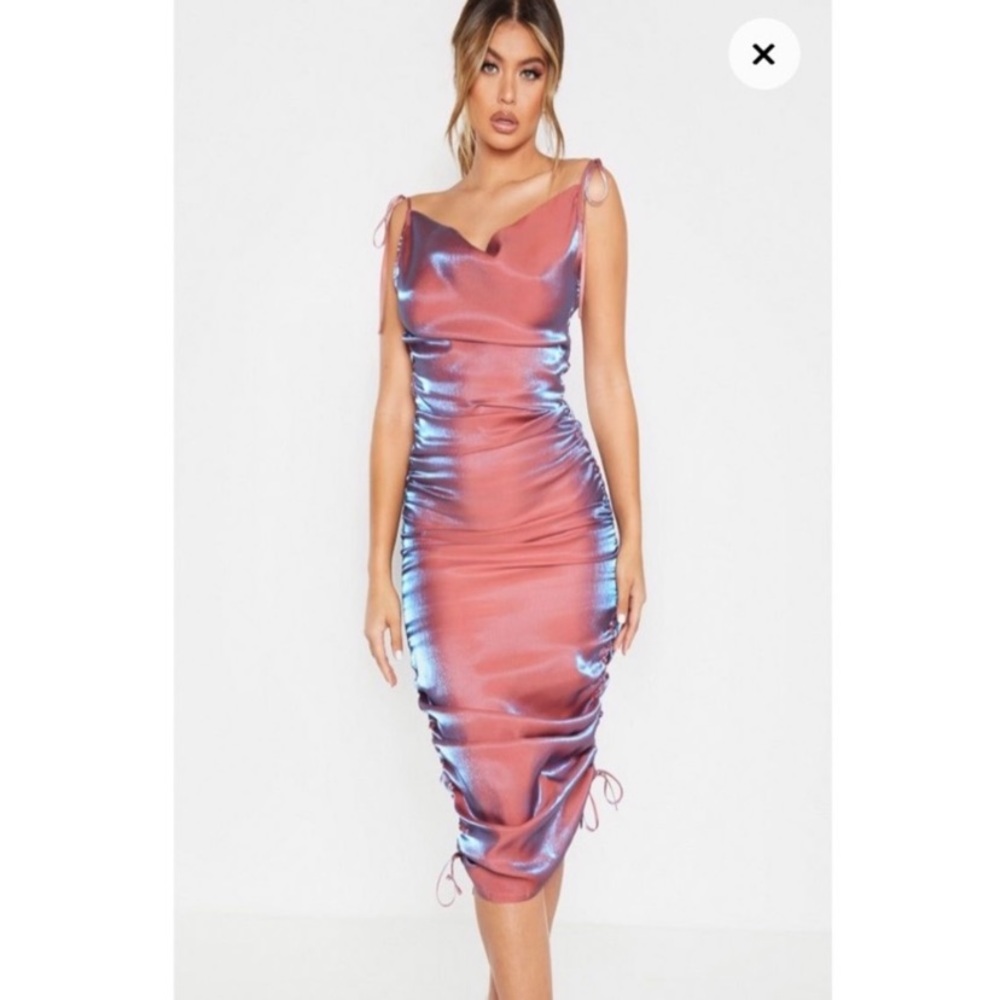 PrettyLittleThing Iridescent Ruched CowlNeck Dress